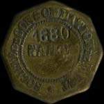Jeton de 5 centimes avec surfrappes 1880 et locomotive émis par la Société de Consommation de l'Est - Nancy (54000 - Meurthe-et-Moselle) - avers