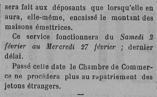 On peut lire dans le Courrier de Narbonne du 31 janvier 1924 que la Chambre de Commerce de Narbonne s'est charge de l'organisation du retrait des jetons frapps par les particuliers, commerants ou autres organismes - partie 2