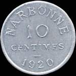Jeton de 10 centimes 1920 (type avec étoiles) émis par la Chambre de Commerce de Narbonne (11000 - Aude) - revers
