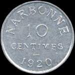 Jeton de 10 centimes 1920 (type sans étoiles) émis par la Chambre de Commerce de Narbonne (11000 - Aude) - revers