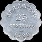 Jeton de 25 centimes 1920 émis par la Chambre de Commerce de Narbonne (11000 - Aude) - revers