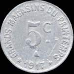 Jeton de 5 centimes 1917 émis par les Grands Magasins du Printemps - Maison Milhaud à Narbonne (11000 - Aude) - revers