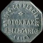 Jeton de 10 centimes (type 1, notamment le point sur le i de Unions ne touche pas le bord) mis par les Unions Commerciales d'Oyonnax (01100 - Ain) - avers