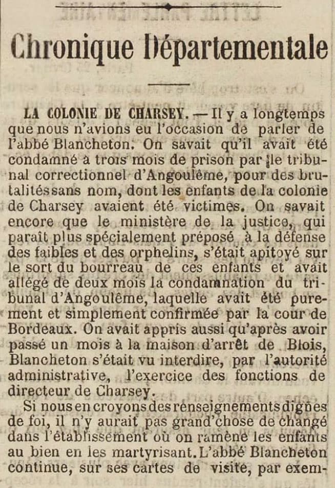Article paru dans La Charente du 27 fvrier 1885 au sujet de la colonie de Charsey administre par l'Abb Blancheton - partie 1