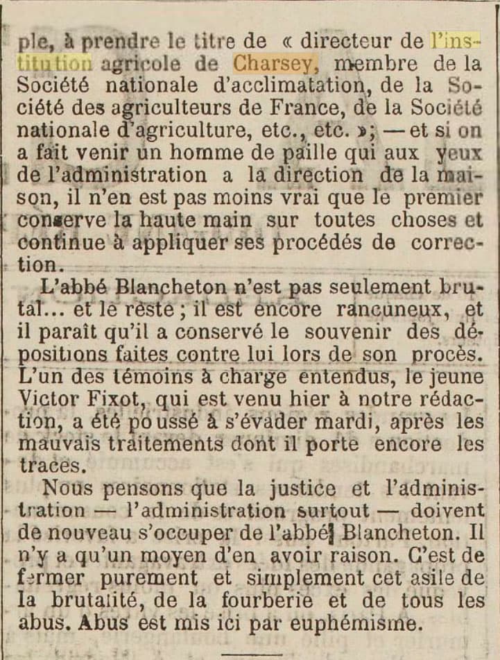 Article paru dans La Charente du 27 fvrier 1885 au sujet de la colonie de Charsey administre par l'Abb Blancheton - partie 2