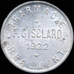 Jeton de 25 centimes 1922 mis par la Pharmacie F.Gisclard  Ralmont (81120 - Tarn) - avers