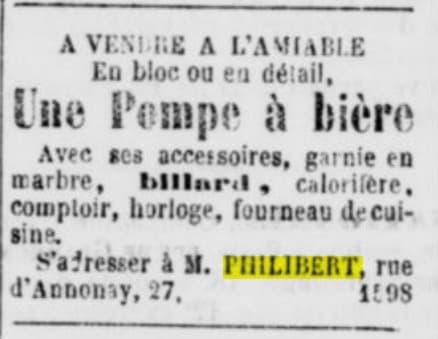 Petite annnonce publiée par M.Philibert - Rue d'Annonay 27 - dans le Mémorial de la Loire et de la Haute-Loire daté du 14 juillet 1872