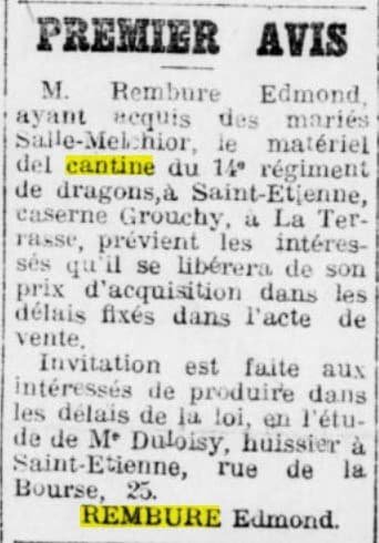 Avis paru dans le Mémorial de la Loire et de la Haute-Loire le le 8 février 1919 mentionnant Edmond Rembure