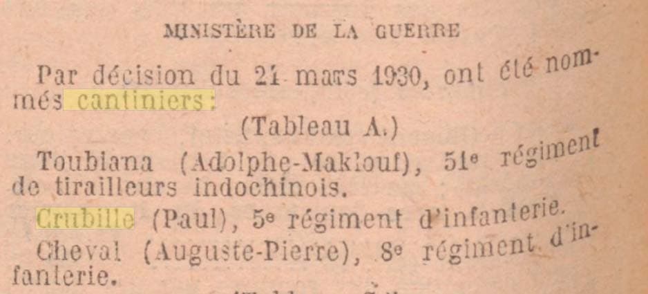 Journal Officiel de la Rpublique franaise du 25 mars 1930 - Nomination du cantinier Crubill