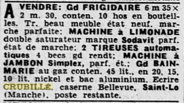 Ouest-Eclair du 8 dcembre 1940 - vente de matriel par Crubill  la Caserne Bellevue