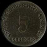 Jeton de 5 centimes émis par la Société Coopérative S. H. & Cie à Suresnes (92150 - Hauts-de-Seine) - avers