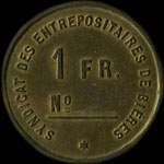 Jeton de 1 franc émis par le Syndicat des Entrepositaires de Bières - Alfred Osswald - Tieffenbach (67290 - Bas-Rhin) - revers