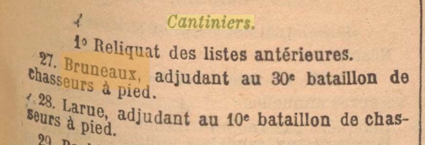 La publication au Journal Officiel de la République française du 19 octobre 1908 du reliquat de congés accordés au cantinier Bruneaux du 30e bataillon de chasseurs à pied
