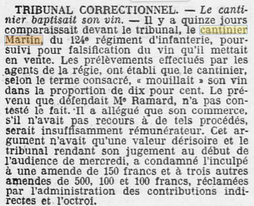 Une Cantine Martin au 124e Rgiment d'Infanterie, mentionne dans L'Ouest Eclair du 23 octobre 1913