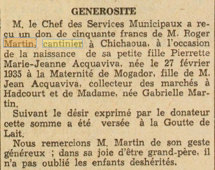 Une Cantine Martin  Chichaoua (Maroc), mentionne dans Le Petit Marocain du 14 mars 1937