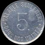 Jeton de 5 centimes avec contremarque cloche émis par les Etablissements Jacob Holtzer à Unieux (42240 - Loire) - revers