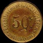 Jeton de 50 centimes avec contremarque cloche émis par les Etablissements Jacob Holtzer à Unieux (42240 - Loire) - avers