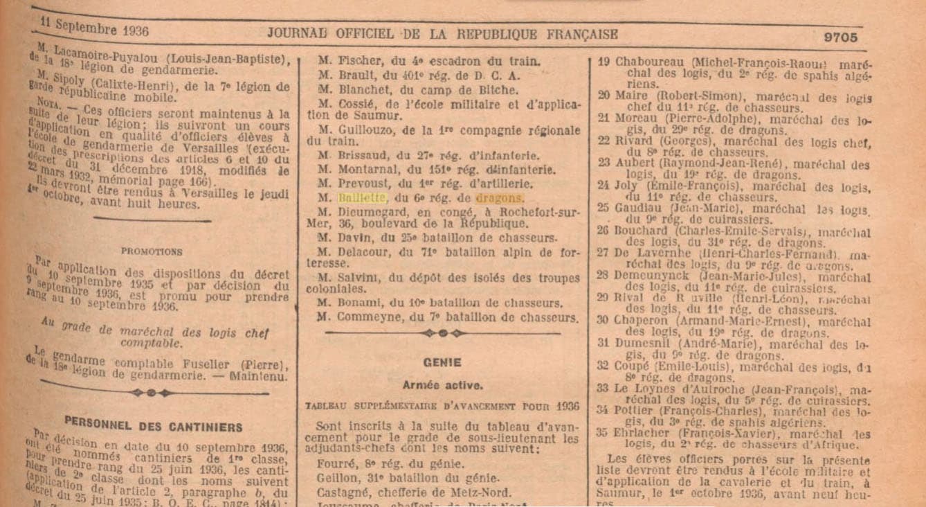 Baillette, du 6e rgiment de Dragons, fut nomm cantinier de 1re classe par publication au Journal Officiel de la Rpublique franaise du 11 septembre 1936.