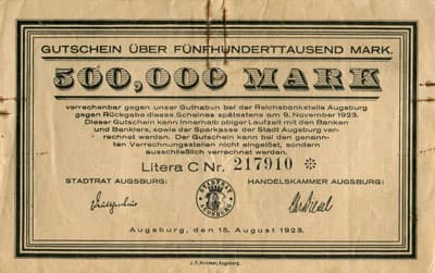 Gutschein der Stadt Augsburg (Bayern - Allemagne) - 500&nbsp;000&nbsp;mark - 15&nbsp;ao�t&nbsp;1923 - lettre&nbsp;C - n�&nbsp;217910 - face
