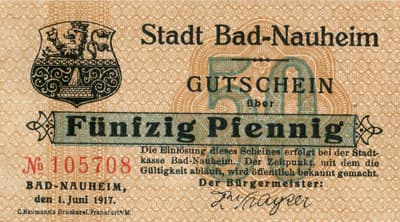 Gutschein der Stadt Bad-Nauheim (Hessen - Allemagne) - 50&nbsp;pfennig - 1&nbsp;juin&nbsp;1917 - n�&nbsp;105708 - face