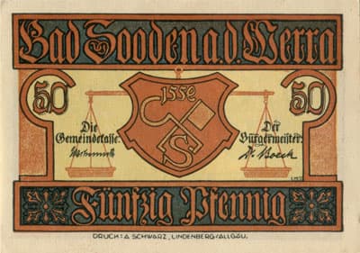 Notgeld der Stadt Bad Sooden a.d. Werra (Hessen - Allemagne) - 50&nbsp;pfennig (1921) - type&nbsp;1 : Deo.volente.humilis.levabor - n�&nbsp;67778 - face