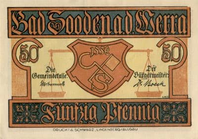 Notgeld der Stadt Bad Sooden a.d. Werra (Hessen - Allemagne) - 50&nbsp;pfennig (1921) - type&nbsp;1 : Deo.volente.humilis.levabor - n�&nbsp;72156 - face