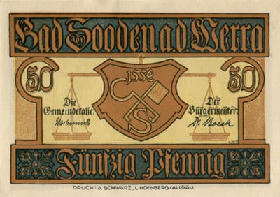 Notgeld der Stadt Bad Sooden a.d. Werra (Hessen - Allemagne) - 50&nbsp;pfennig (1921) - type&nbsp;2 - n�&nbsp;53856 - face