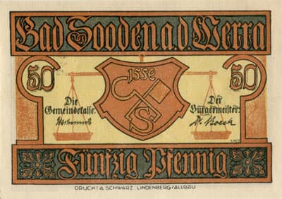 Notgeld der Stadt Bad Sooden a.d. Werra (Hessen - Allemagne) - 50&nbsp;pfennig (1921) - type&nbsp;2 - n�&nbsp;54078 - face