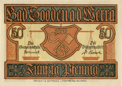 Notgeld der Stadt Bad Sooden a.d. Werra (Hessen - Allemagne) - 50&nbsp;pfennig (1921) - type&nbsp;3 - n�&nbsp;69678 - face