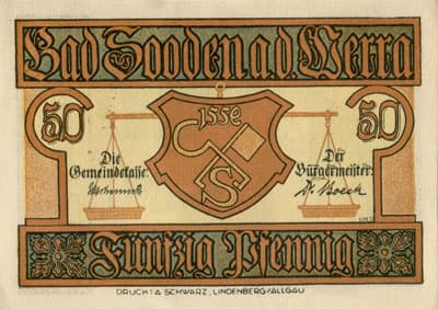 Notgeld der Stadt Bad Sooden a.d. Werra (Hessen - Allemagne) - 50&nbsp;pfennig (1921) - type&nbsp;3 - n�&nbsp;70056 - face