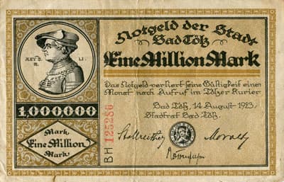Notgeld der Stadt Bad T�lz (Bayern - Allemagne) - 1&nbsp;000&nbsp;000&nbsp;mark - 14&nbsp;ao�t&nbsp;1923 - s�rie&nbsp;BH - n�&nbsp;125286 - face