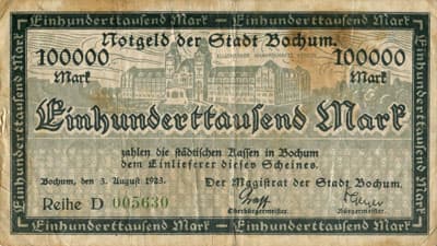 Notgeld der Stadt Bochum (Nordrhein-Westfalen - Allemagne) - 100&nbsp;000&nbsp;mark - 2&nbsp;ao�t&nbsp;1923 - s�rie&nbsp;D - n�&nbsp;005630 - face
