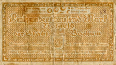 Notgeld der Stadt Bochum (Nordrhein-Westfalen - Allemagne) - 100&nbsp;000&nbsp;mark - 2&nbsp;ao�t&nbsp;1923 - s�rie&nbsp;D - n�&nbsp;005630 - dos