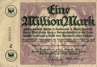 Notgeld der Stadt Dortmund (Nordrhein-Westfalen - Allemagne) - 1&nbsp;000&nbsp;000&nbsp;mark - 9&nbsp;ao�t&nbsp;1923 - s�rie&nbsp;Pb - n�&nbsp;009104 - face
