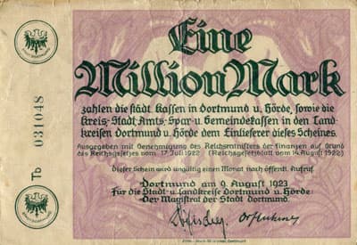 Notgeld der Stadt Dortmund (Nordrhein-Westfalen - Allemagne) - 1&nbsp;000&nbsp;000&nbsp;mark - 9&nbsp;ao�t&nbsp;1923 - s�rie&nbsp;Tb - n�&nbsp;031048 - face