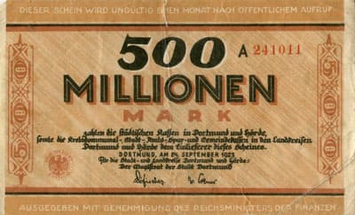 Notgeld der Stadt Dortmund (Nordrhein-Westfalen - Allemagne) - 500&nbsp;000&nbsp;000&nbsp;mark - 24&nbsp;septembre&nbsp;1923 - s�rie&nbsp;A - n�&nbsp;241011 - face