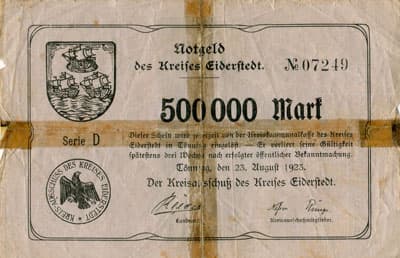 Notgeld des Kreises Eiderstedt - 500&nbsp;000&nbsp;mark - 23&nbsp;ao�t&nbsp;1923 - Serie&nbsp;D - n�&nbsp;07249 - face