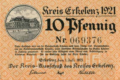 Notgeld der Stadt Erkelenz - 10&nbsp;pfennig - 1&nbsp;juillet&nbsp;1921 - n�&nbsp;069376 - face