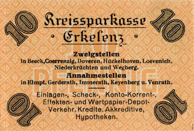 Notgeld der Stadt Erkelenz - 10&nbsp;pfennig - 1&nbsp;juillet&nbsp;1921 - n�&nbsp;069376 - dos