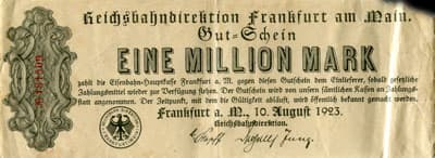 Notgeld - Reichsbahn Direction  Frankfurt&nbsp;am&nbsp;Main (Hessen - Allemagne) - 1&nbsp;000&nbsp;000&nbsp;mark - 10&nbsp;ao�t&nbsp;1923 - n�&nbsp;181509 - face