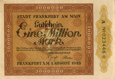 Notgeld - Stadt Frankfurt&nbsp;am&nbsp;Main (Hessen - Allemagne) - 1&nbsp;000&nbsp;000&nbsp;mark - 1&nbsp;ao�t&nbsp;1923 - s�rie&nbsp;A - n�&nbsp;023446 - face