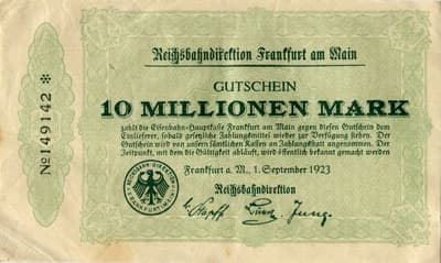 Notgeld - Reichsbahn Direction  Frankfurt&nbsp;am&nbsp;Main (Hessen - Allemagne) - 10&nbsp;000&nbsp;000&nbsp;mark - 1&nbsp;septembre&nbsp;1923 - n�&nbsp;149142 - face