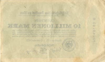 Notgeld - Reichsbahn Direction  Frankfurt&nbsp;am&nbsp;Main (Hessen - Allemagne) - 10&nbsp;000&nbsp;000&nbsp;mark - 1&nbsp;septembre&nbsp;1923 - n�&nbsp;149142 - dos