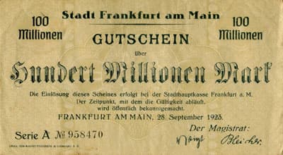 Notgeld - Stadt Frankfurt&nbsp;am&nbsp;Main (Hessen - Allemagne) - 100&nbsp;000&nbsp;000&nbsp;mark - 28&nbsp;septembre&nbsp;1923 - s�rie&nbsp;A - n�&nbsp;958470 - face