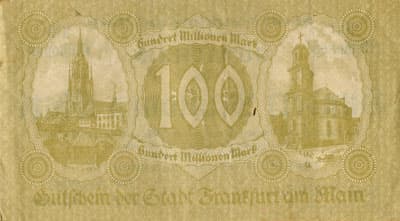 Notgeld - Stadt Frankfurt&nbsp;am&nbsp;Main (Hessen - Allemagne) - 100&nbsp;000&nbsp;000&nbsp;mark - 28&nbsp;septembre&nbsp;1923 - s�rie&nbsp;A - n�&nbsp;958470 - dos