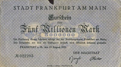 Notgeld - Stadt Frankfurt&nbsp;am&nbsp;Main (Hessen - Allemagne) - 5&nbsp;000&nbsp;000&nbsp;mark - 15&nbsp;ao�t&nbsp;1923 - n�&nbsp;022203 - face