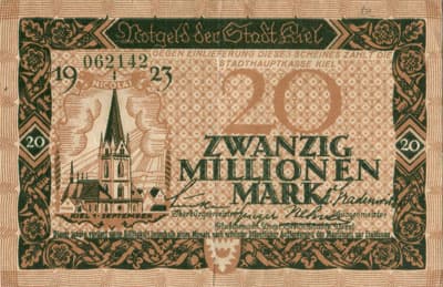 Notgeld der Stadt Kiel - 20&nbsp;000&nbsp;000&nbsp;mark - 1&nbsp;septembre&nbsp;1923 - n�&nbsp;062142 - face