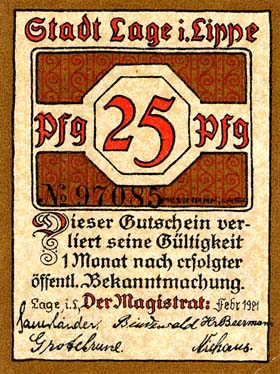 Notgeld Lage ( Lippe - Allemagne ) - 25 pfennige - émission de 1921 - dos