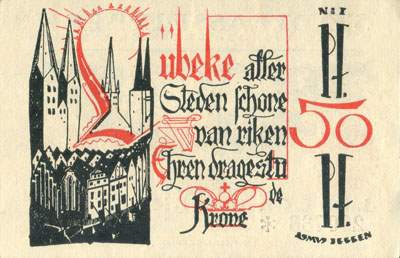 Notgeld L�beck (Schleswig-Holstein - Allemagne) - Stadtkasse L�beck - &frac12; mark / 50 pfennige n�&nbsp;290736 - 1er mai 1921 - L�beke aller Steden sch�ne dan riken Ehren dragestu de Krone - face