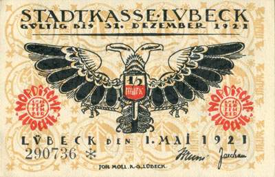 Notgeld L�beck (Schleswig-Holstein - Allemagne) - Stadtkasse L�beck - &frac12; mark / 50 pfennige n�&nbsp;290736 - 1er mai 1921 - L�beke aller Steden sch�ne dan riken Ehren dragestu de Krone - dos